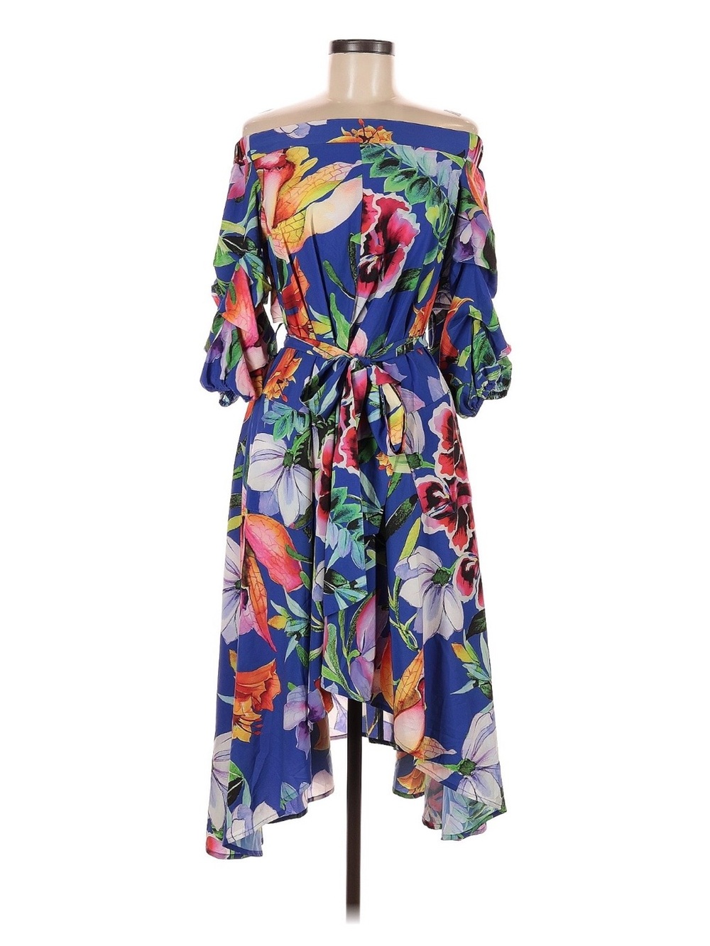 Joseph Ribkoff Blue Floral Off-Shoulder Midi Dress with Waist Tie